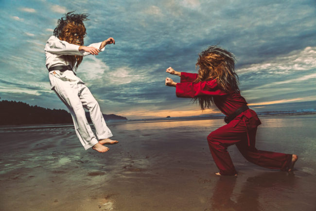 Stop Blocking my Fists with Your Face II Photograph by Mako Miyamoto. Wookie karate / kung fu showdown on the beach at sunset.
