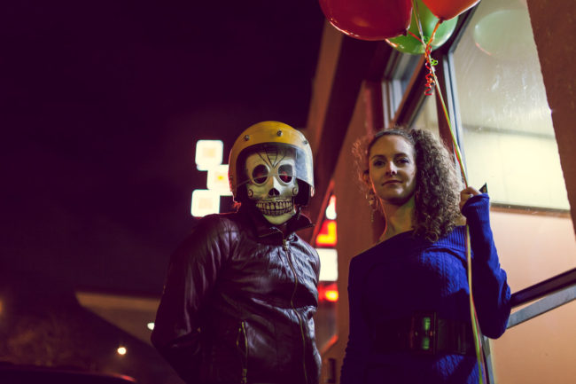 Frank Aberdean and Tammy by Mako Miyamoto skull skeleton horror killer red day of the dead superhero leather badass balloons
