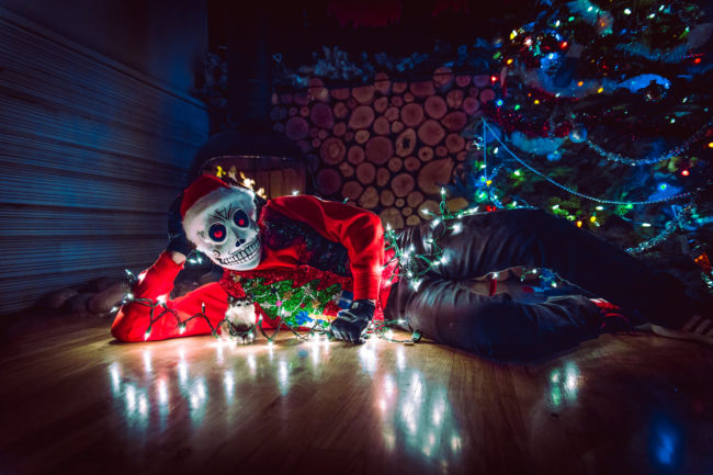 Frank Aberdean Season's Greetings by Mako Miyamoto skull skeleton horror killer red day of the dead superhero leather badass visor happy holidays christmas lights red