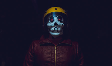 Frank Aberdean by Mako Miyamoto skull skeleton horror killer red day of the dead superhero leather badass visor