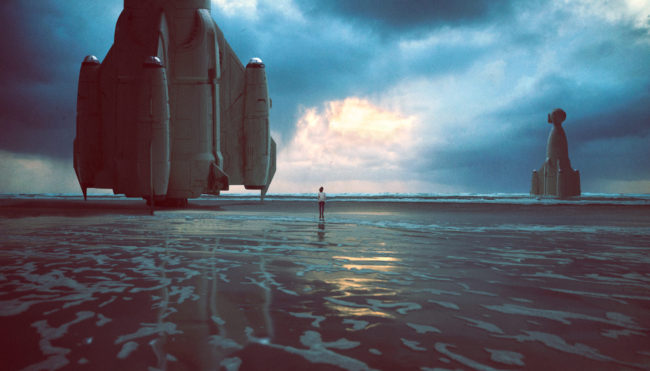 The Coast III Photograph by Mako Miyamoto. Girl walking on the oregon coast with a crashed spaceship in the sand in the background. Created for the series Further West shown at Stephanie Chefas Gallery in Portland, OR